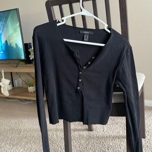 Black Ribbed Button-Up Top